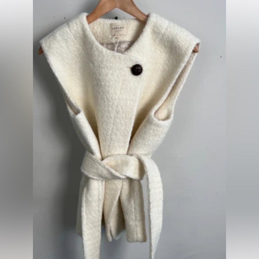 SEZANE Sebastine Quiet Luxury Cream Sleeveless Belted Wool Jacket NWT Size 8